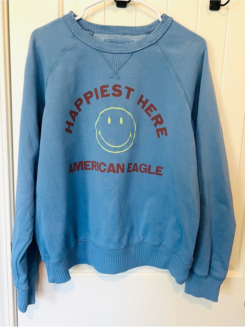 American Eagle Blue 'Happiest Here' Smiley Sweatshirt -Medium